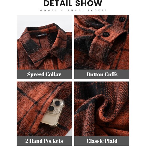 Women's Flannel Shirt Jacket Cotton Long Sleeve Plaid Casual Outerwear - Picture 6 of 7